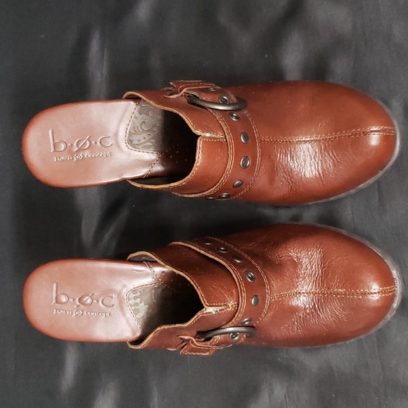 Born Concept BOC Brown Leather Chunky Heel Mules with Buckle Detail, 7 - Picture 2 of 8